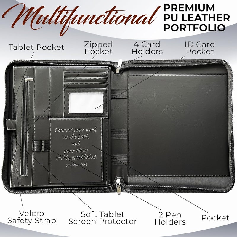 DEHITE Leather Portfolio for Men and Women - Christian Religious Gifts - Padfolio with Laptop Pocket - Letter Size Organizer for Bible Notebook Notepad - Black Full Grain Zipper Binder - Image 3